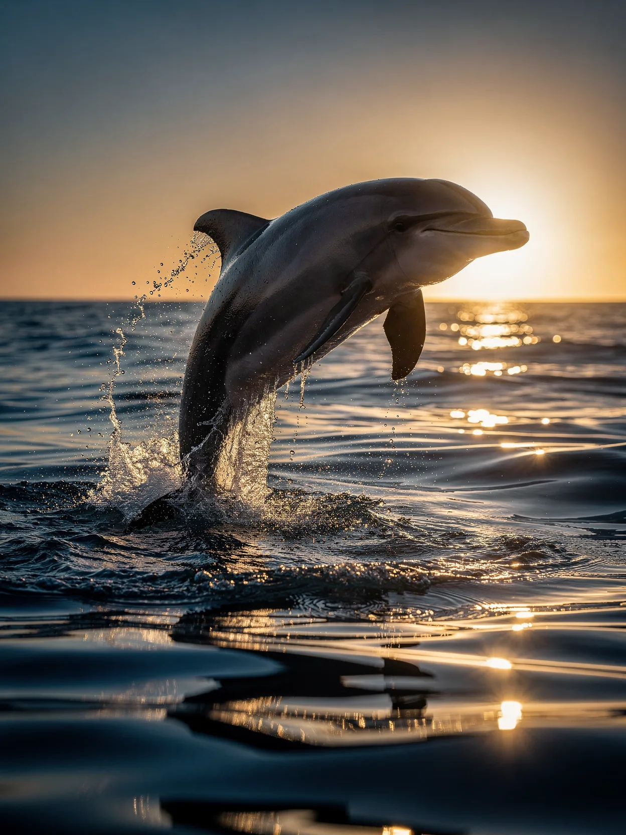 A dolphin leaping from the sea at sunset
