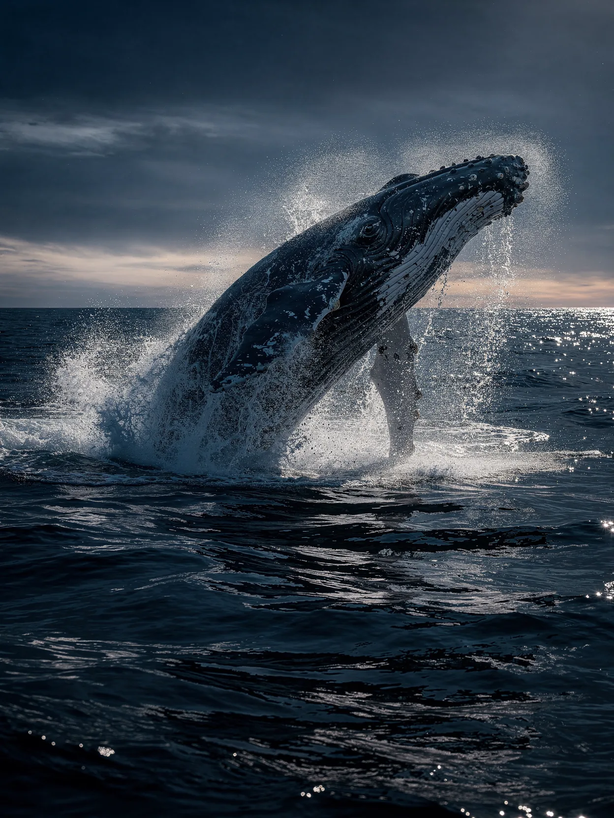A humpback whale breaching under a dark sky