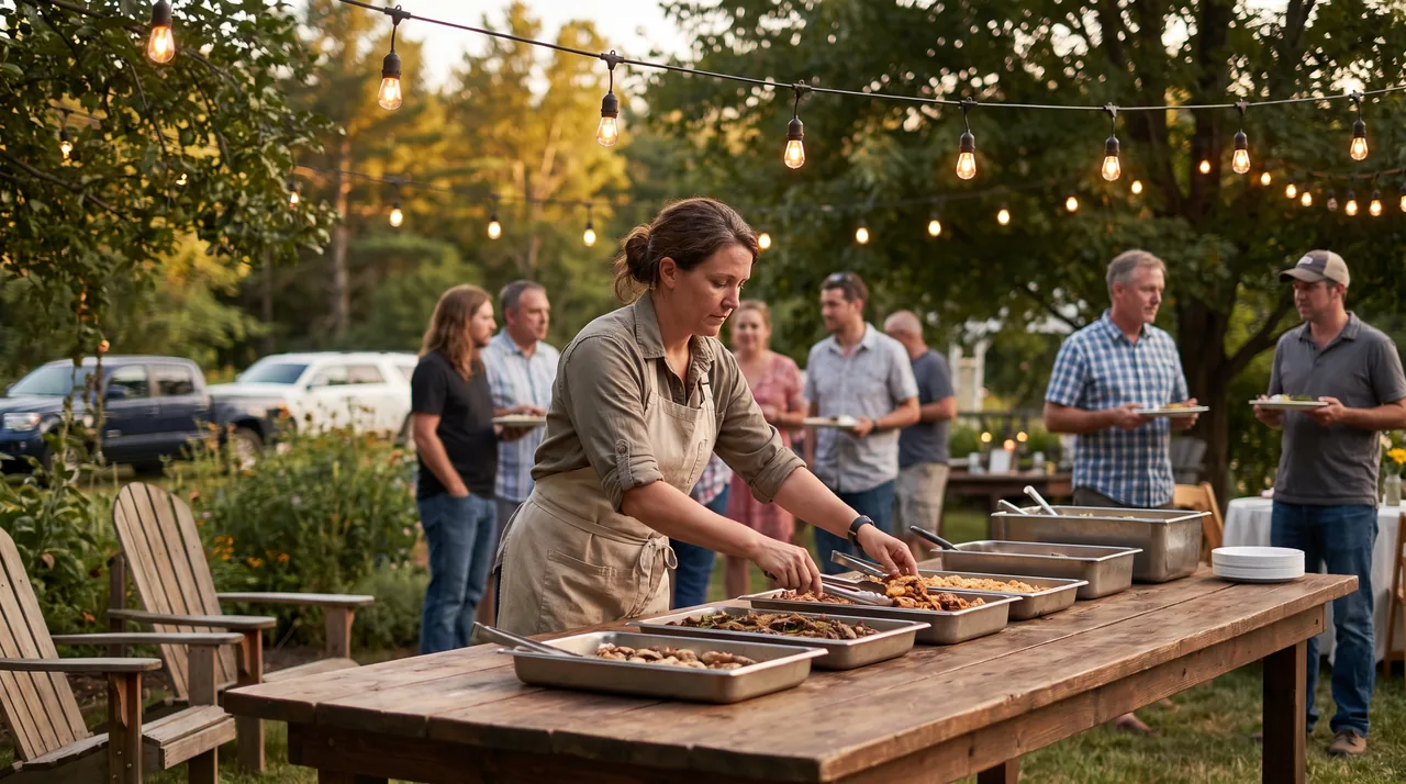 A caterer arranging food on a long buffet table at an event
