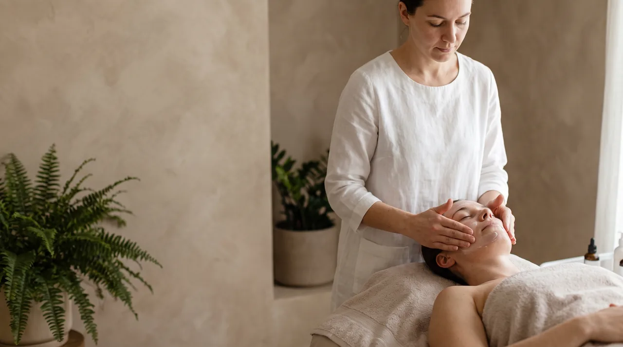 An aesthetician giving a client a calm facial treatment