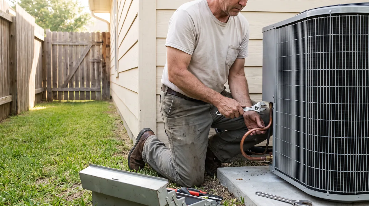 An HVAC technician fitting a new outdoor unit beside a house