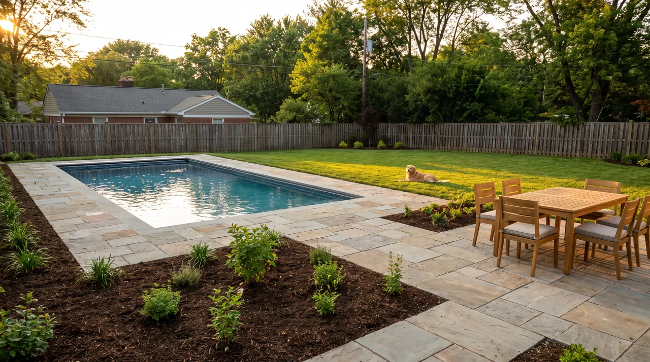 A finished backyard with a new pool and a stone patio