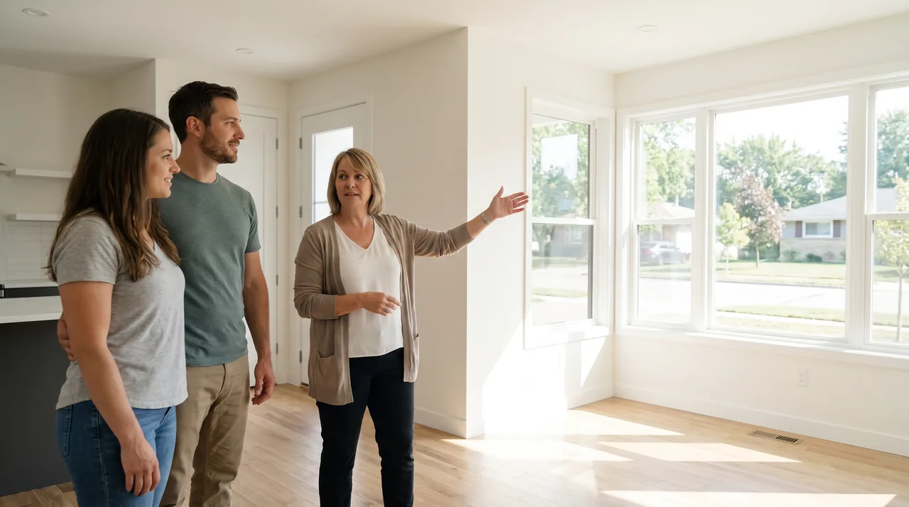 A real estate agent showing a bright living room to a young couple